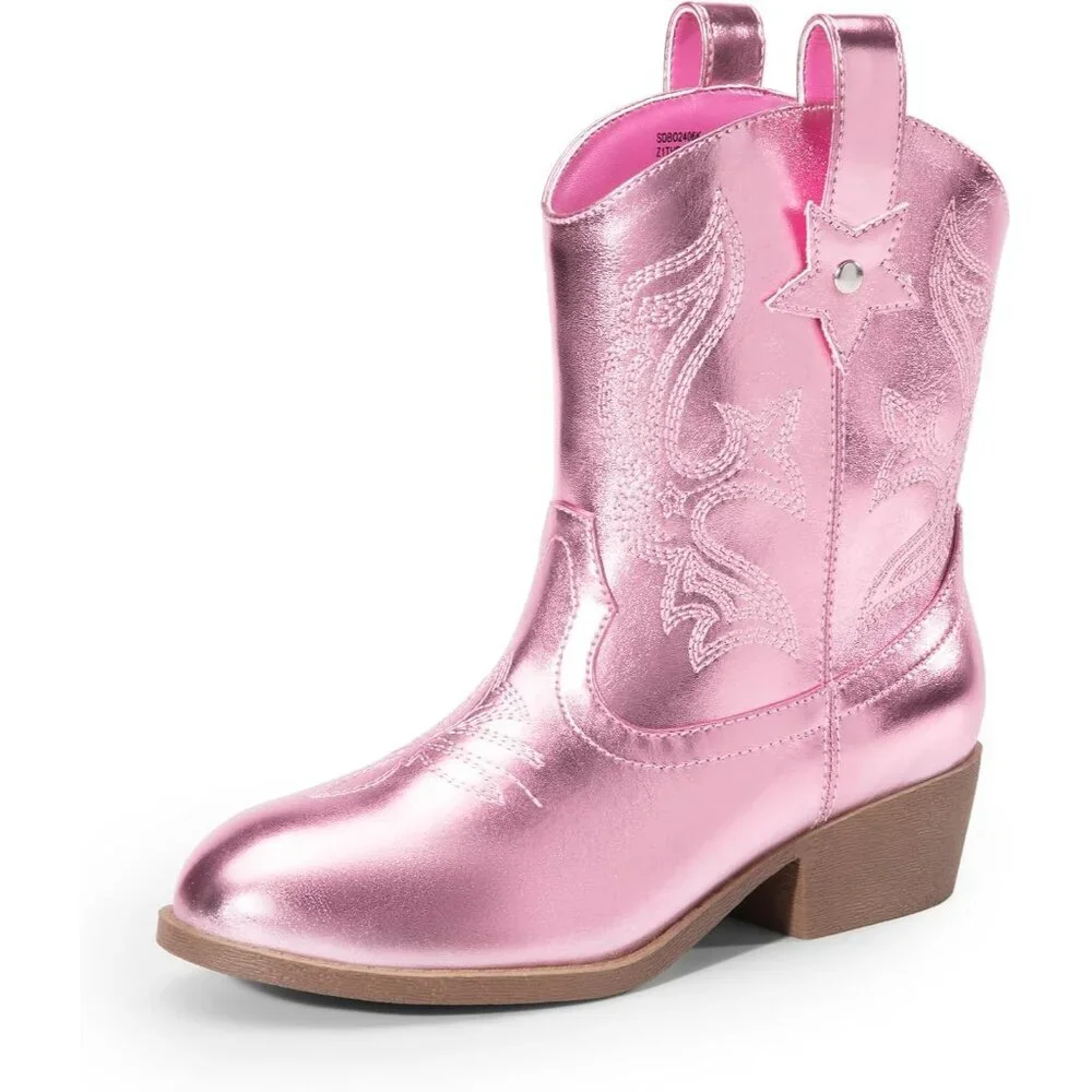 ⚡Girls Pink Cowgirl Boots With Low Heel Western Embroidered Fashion Mid Calf